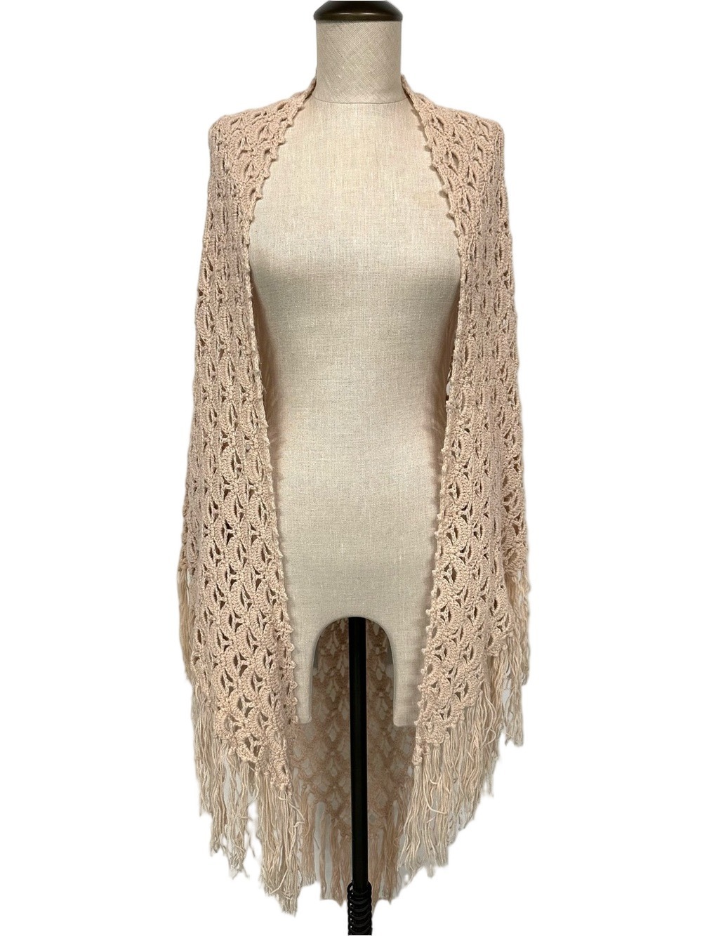 Beige Crochet Fringe Boho Shawl Wrap Open Knit Festival Ruana Cardigan